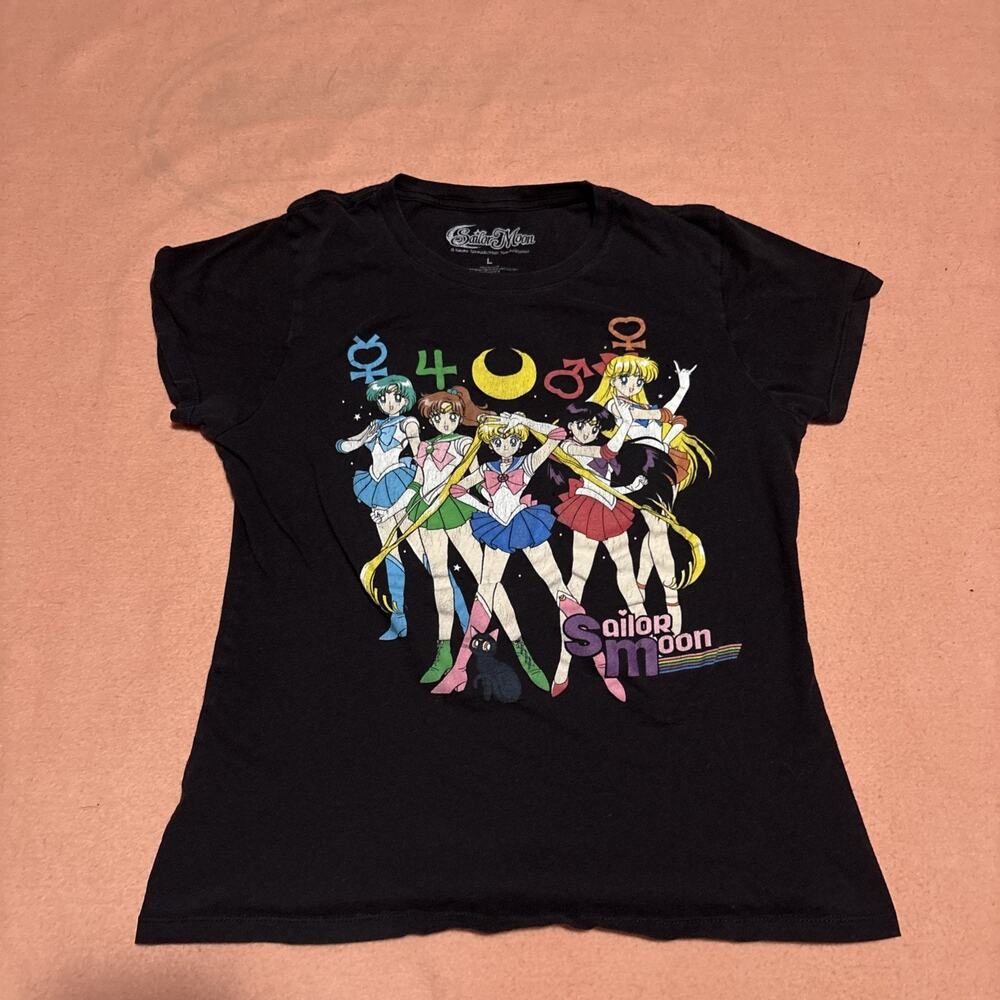 Sailor Moon Sailor Scouts Group Symbols Fitted Black T-Shirt Anime Juniors' Sz L